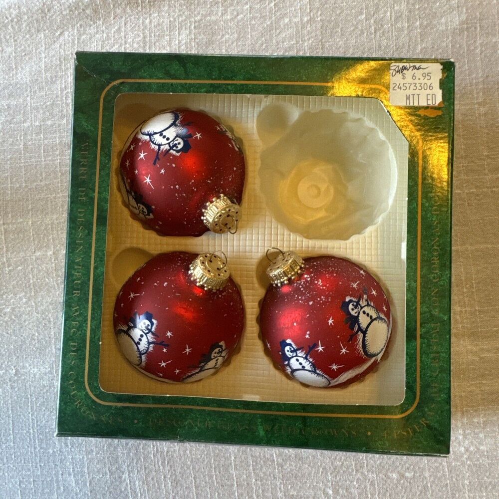 THREE Vintage Christmas by Krebs Glass Ball Ornaments Snowman Winter Pattern VTG